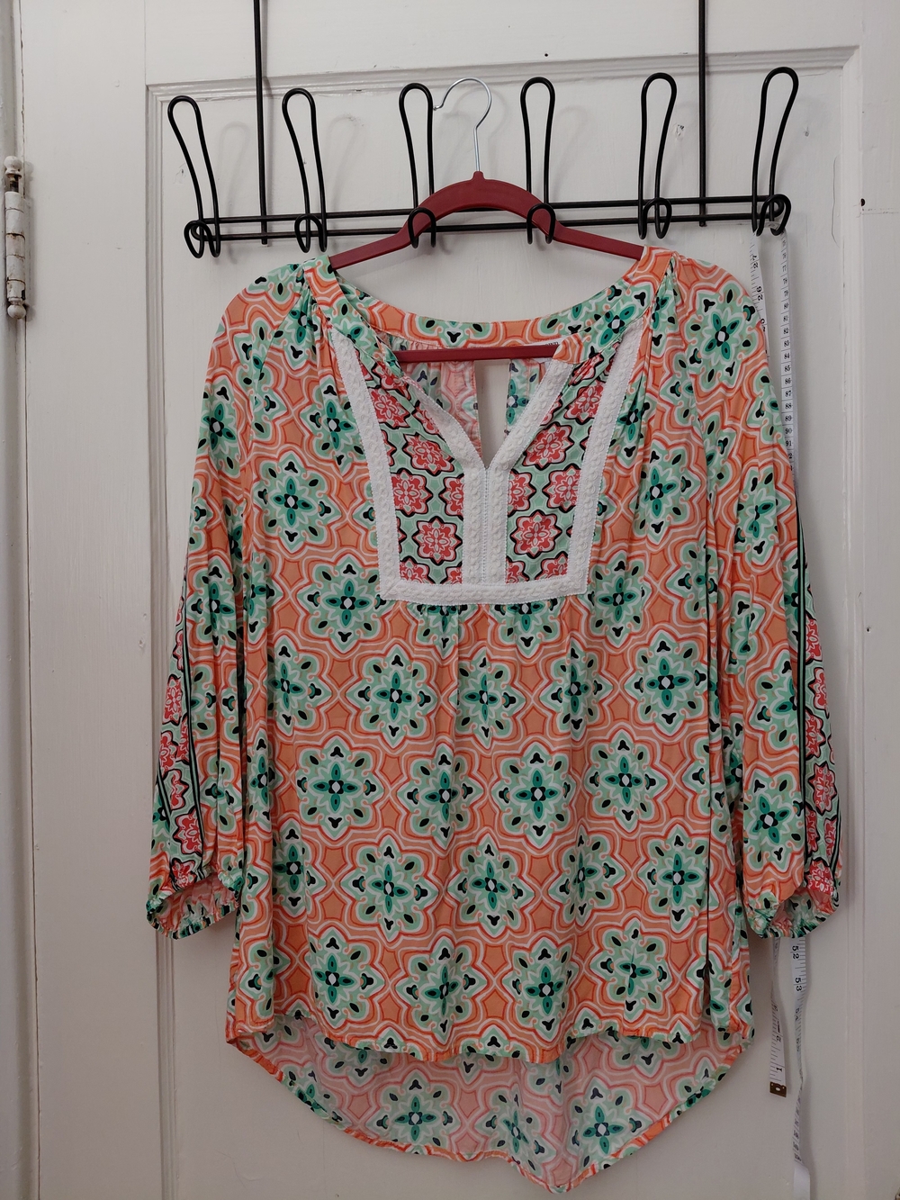 Crown & Ivy Peach and Mint Floral Geo Tunic with Lace Trim